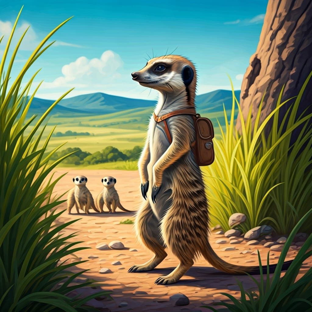 Alert Meerkat Guarding Family in Cartoon Oil Painting