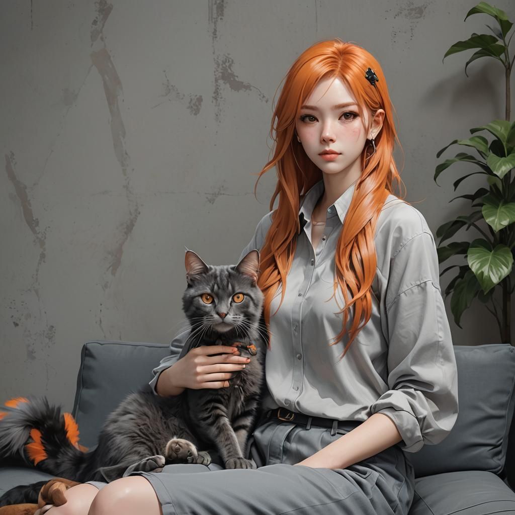 Anime Girl with Orange Hair and Maine Coon Cat