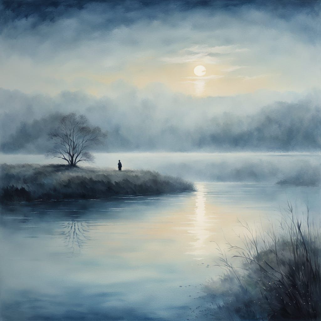 Misty Moonlit Lake: Impressionist Watercolour Painting