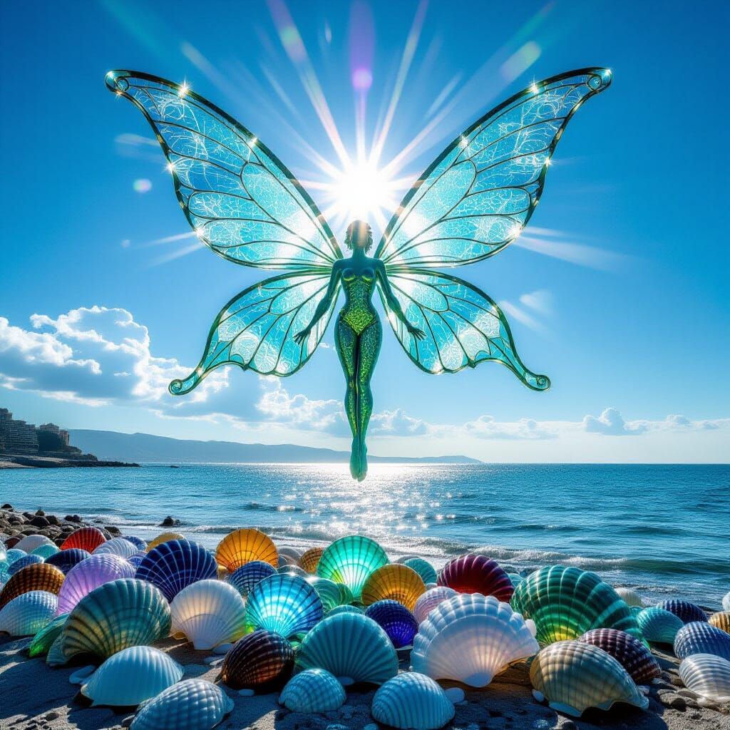 Glass Fairy with Luminous Wings Over Sunlit Seashell Beach