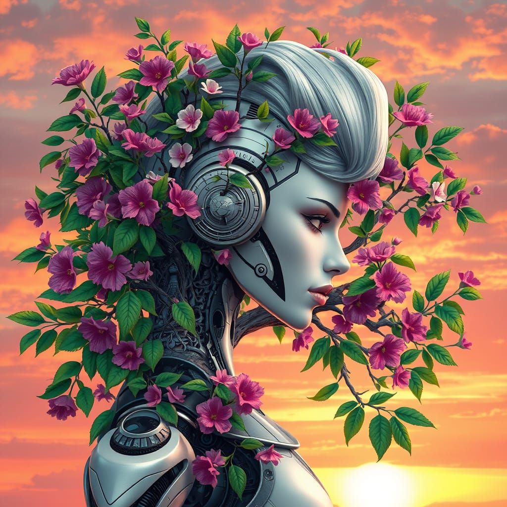 Cyberpunk Goddess Merges with Blossoming Tree