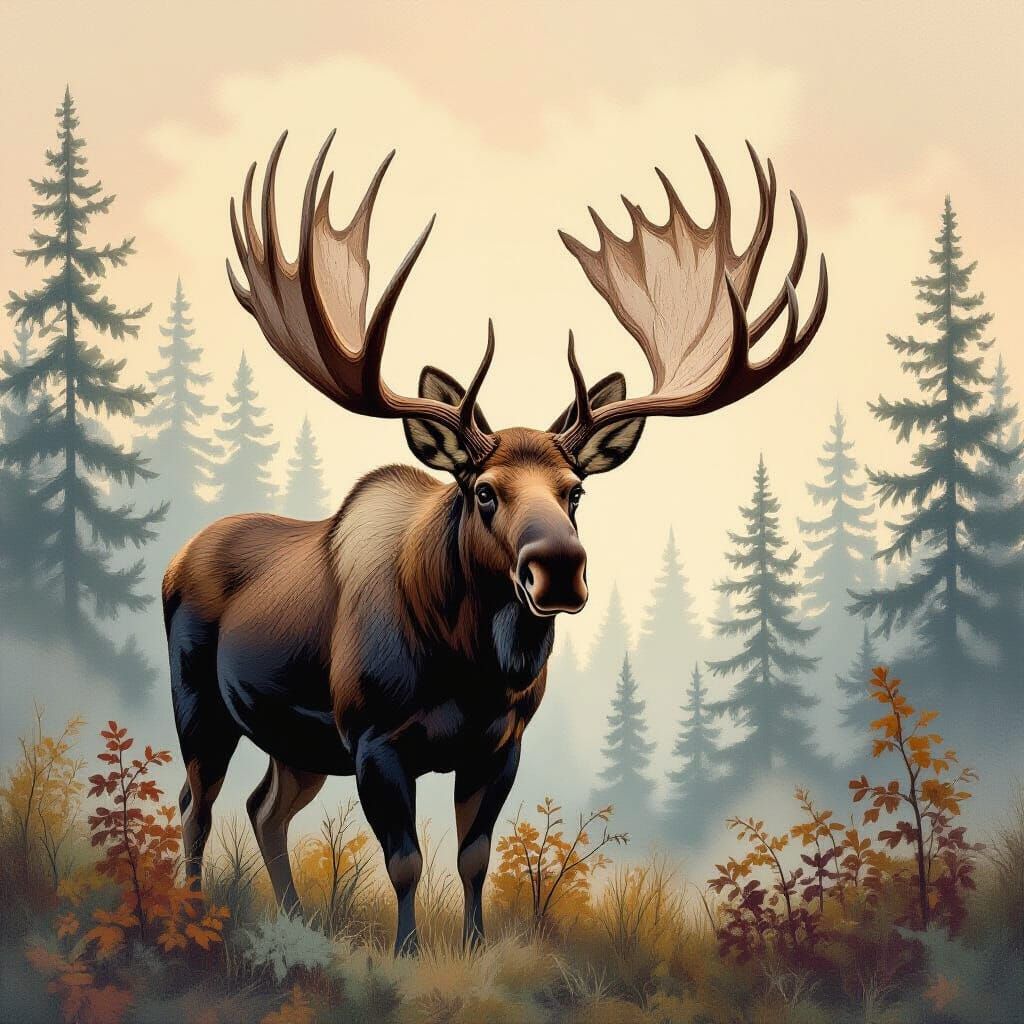 Majestic Moose with Antlers in Misty Forest