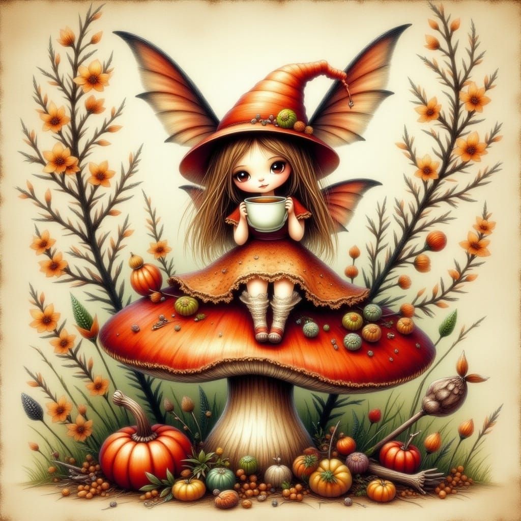 Adorable Fairy Drinks Cocoa on Mushroom, Watercolor Style