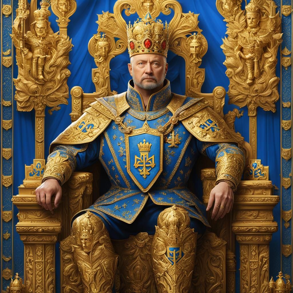 Ukrainian Male Leader of the Ukraine in golden armor, crown on head, with Coat of arms of Ukraine.