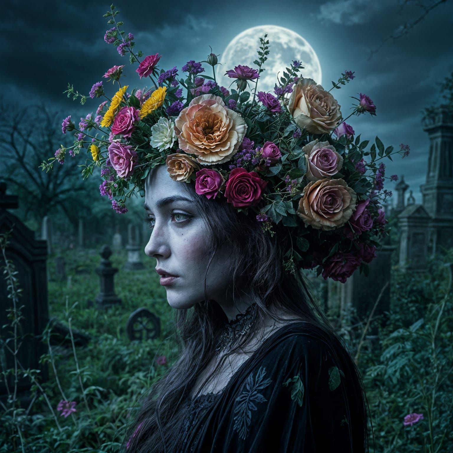 Ethereal Vampire Queen Under Midnight Bloom