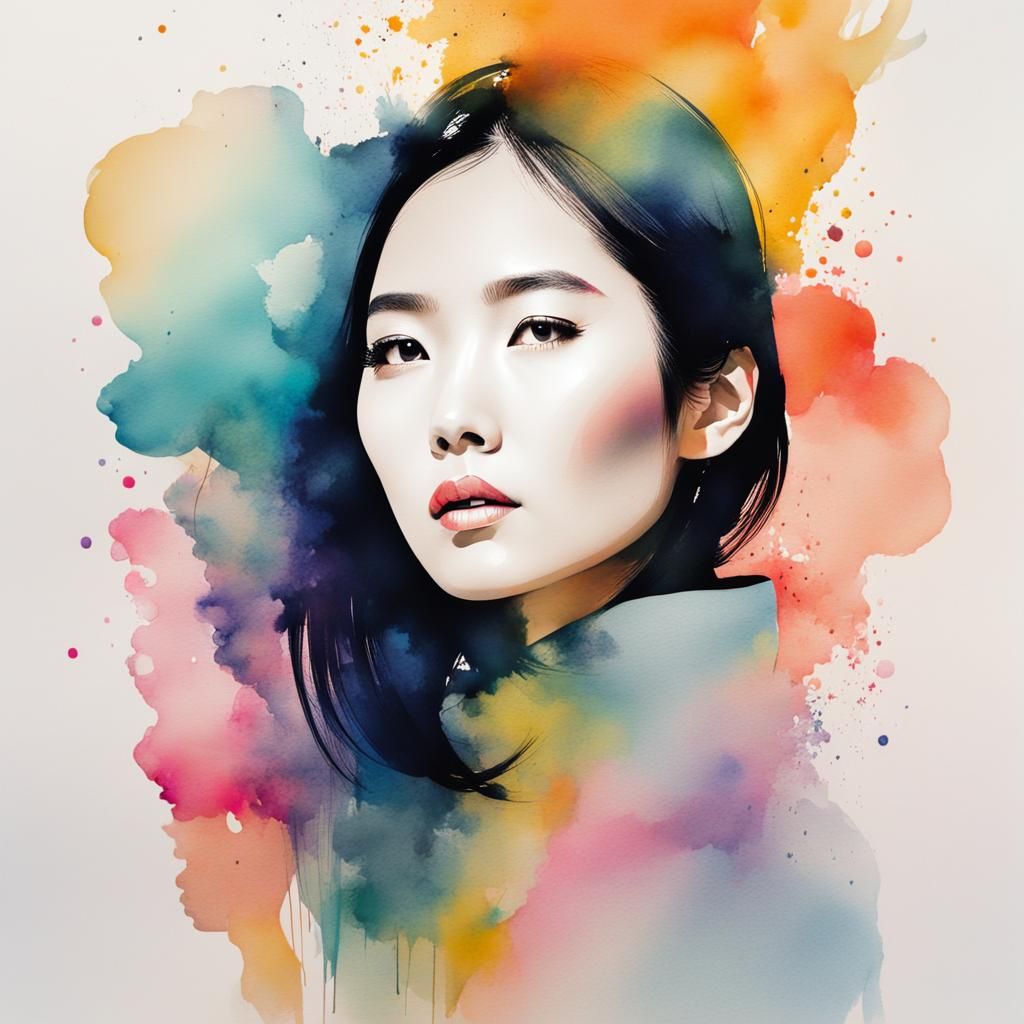 Abstract Asian Woman Portrait in Watercolor