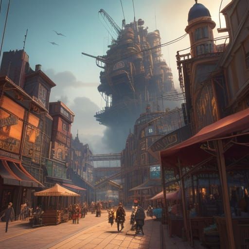 Steampunk Fantasy Market Square in Vibrant Colour