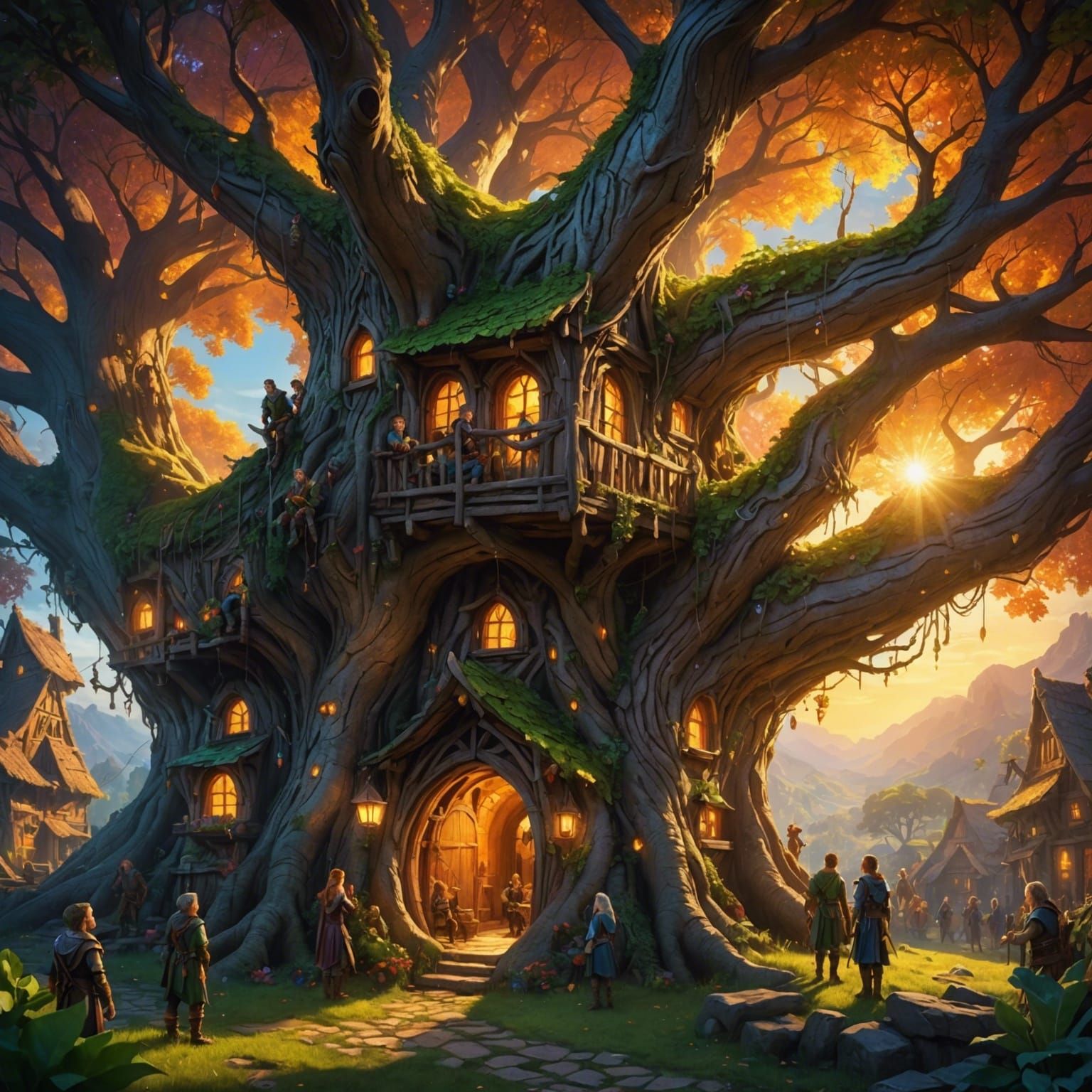 Elven Village in Giant Tree at Sunset