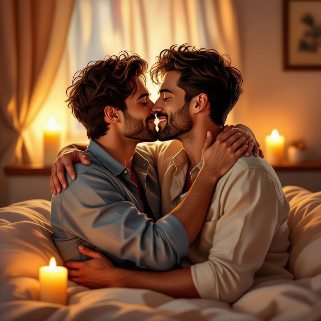 Gay Couple Embracing in Candlelit Room