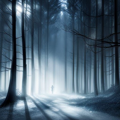 Log Cabin in Lush Blue Forest, Dark Fantasy Art