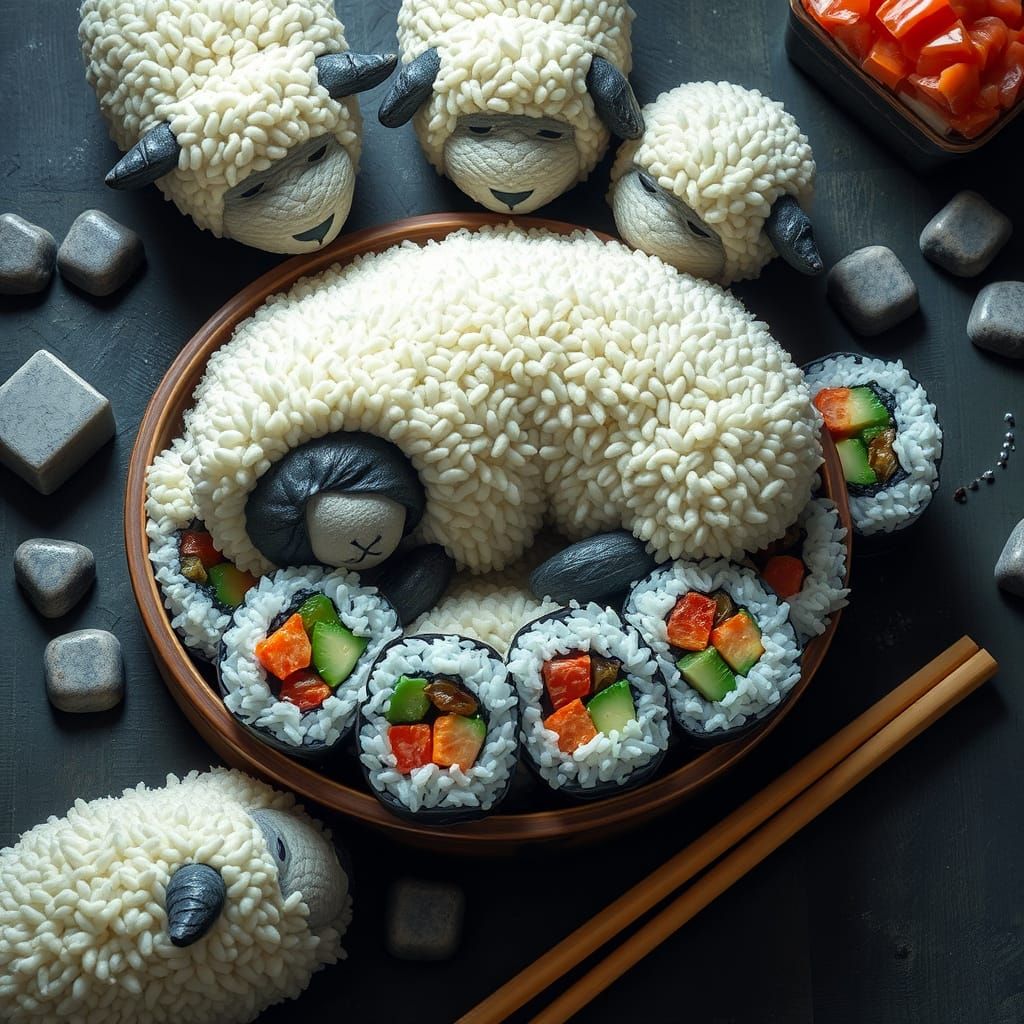 sushi surrounding sheepish sleeping sloth