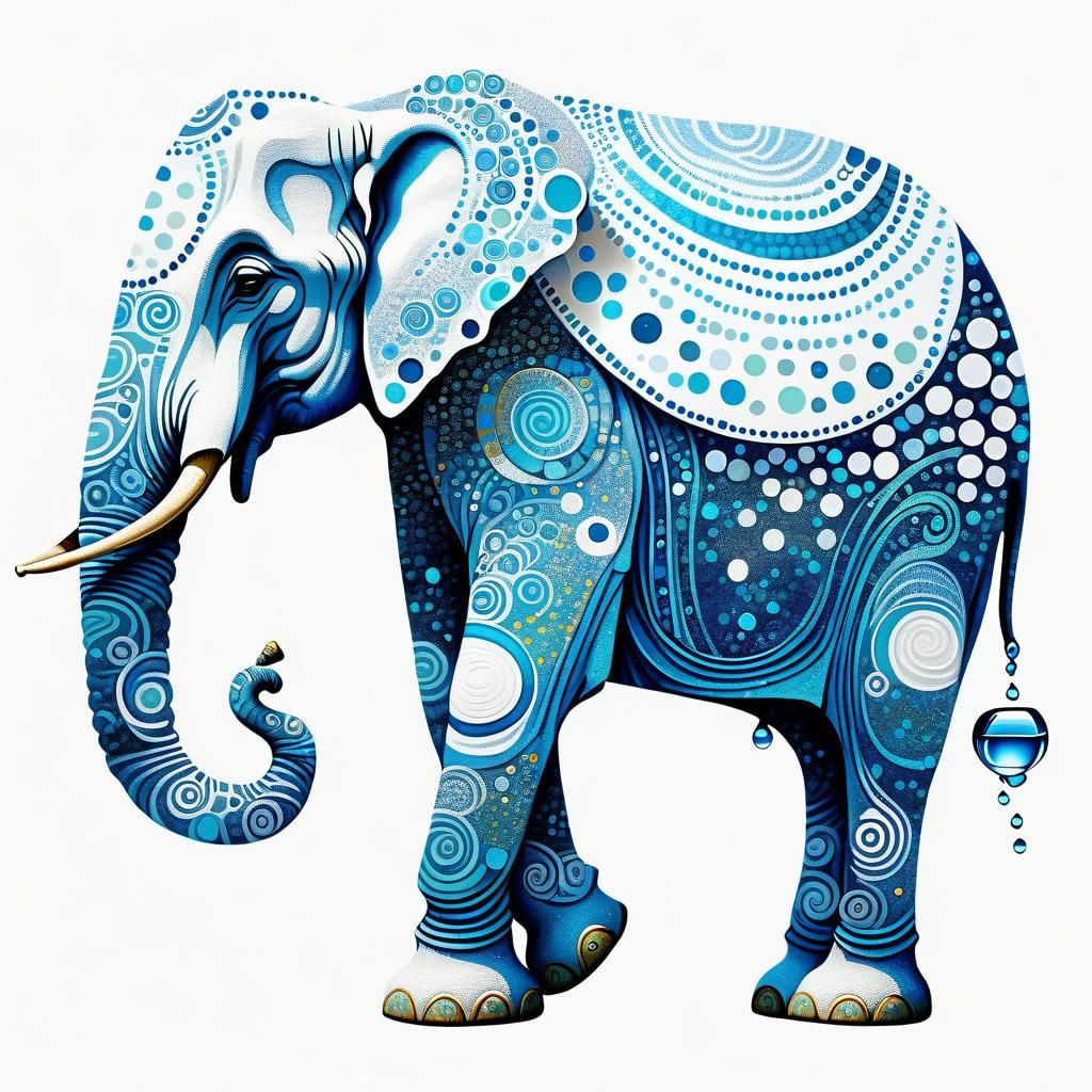 Fantasy realistic, Gustav Klimt style, pointillisme style, white elephant white with small various blue ornamental circl...