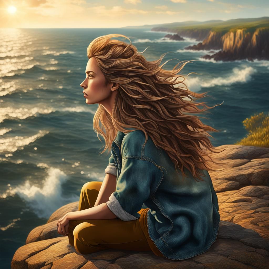 Woman Contemplates Sea Horizon in Golden Light