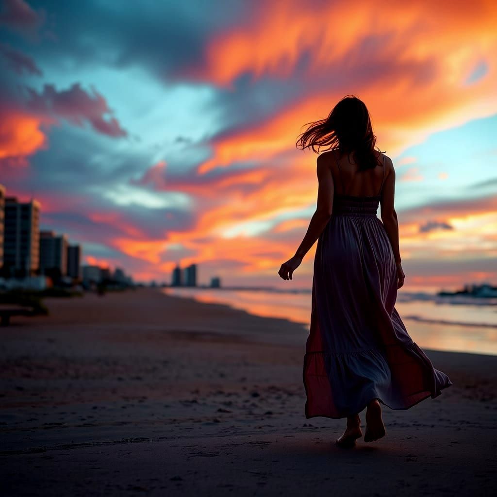 Tranquil City Beach at Twilight: Summer Sunset
