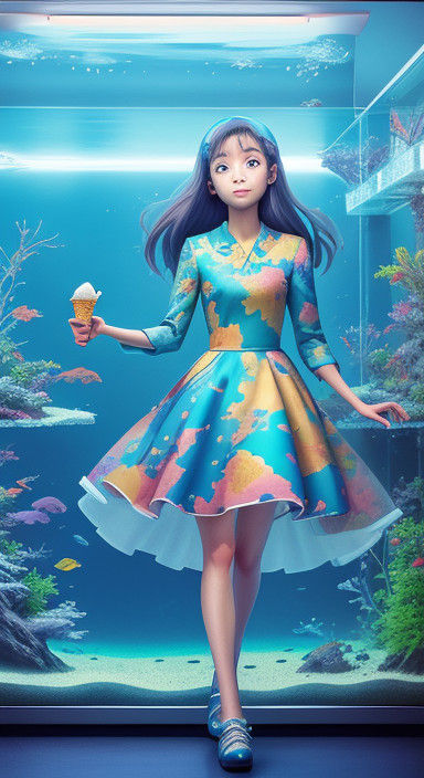 Surreal Hologram Girl Dances Amidst Aquarium and Cityscape i...