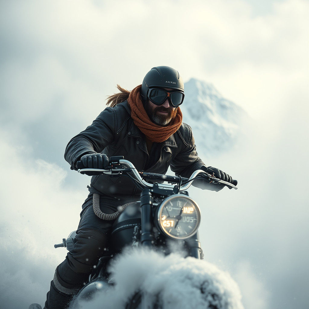 Biker on Frozen Peak: A Timeless Journey