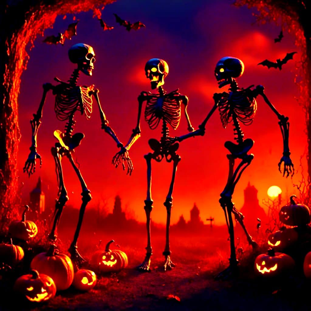 Dancing Skeletons with Pumpkins in Fragmented Color