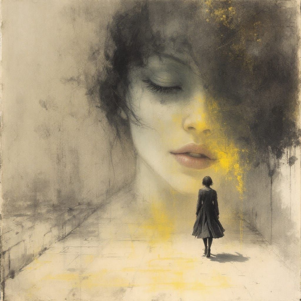 Woman Walking Down Quiet Street: Charcoal Pastel Sketch