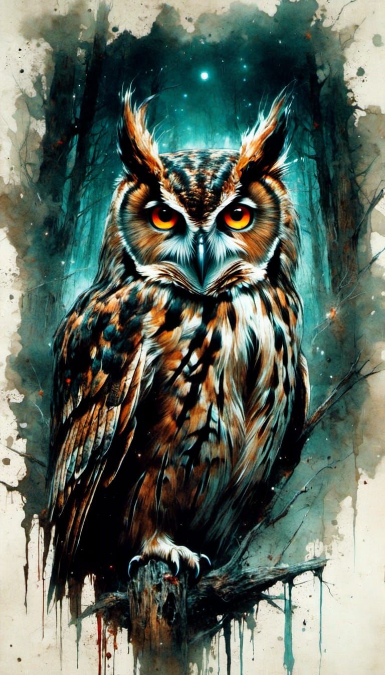 Painting of an owl with glowing eyes