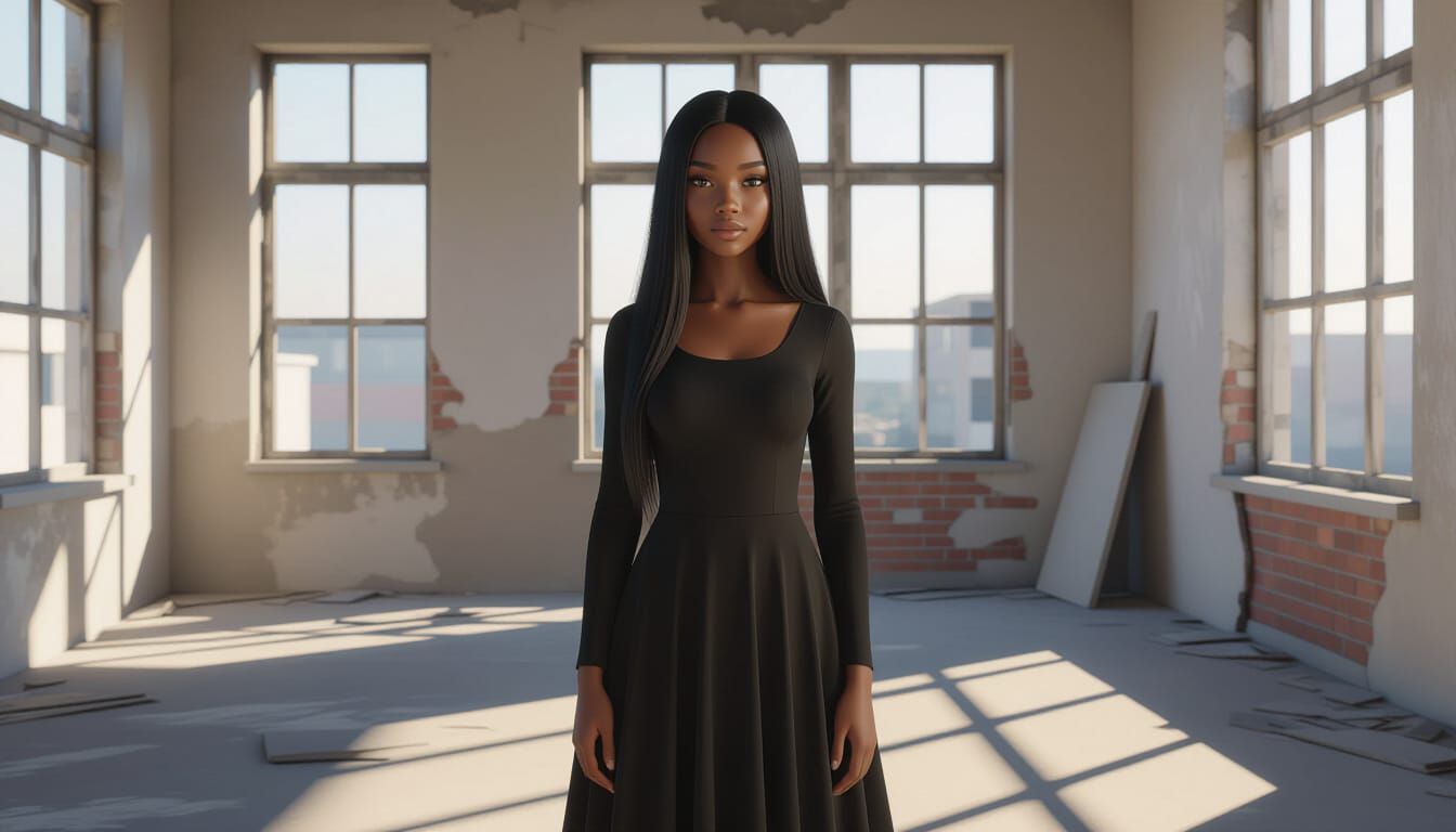 Hyperrealistic Portrait of Young African Woman in Black Dres...