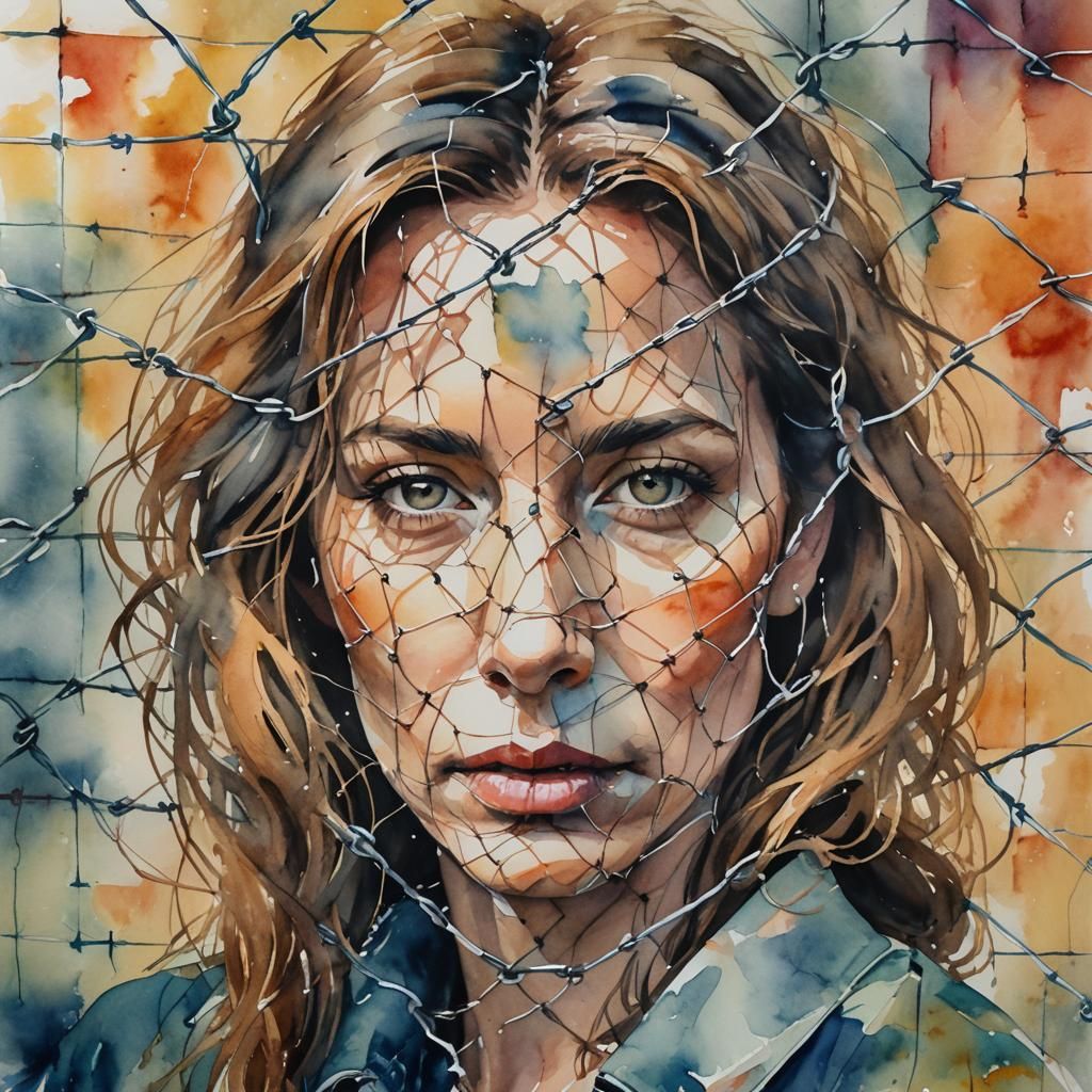 Ethereal Watercolor: Woman Imprisoned by Chain-Link Fence