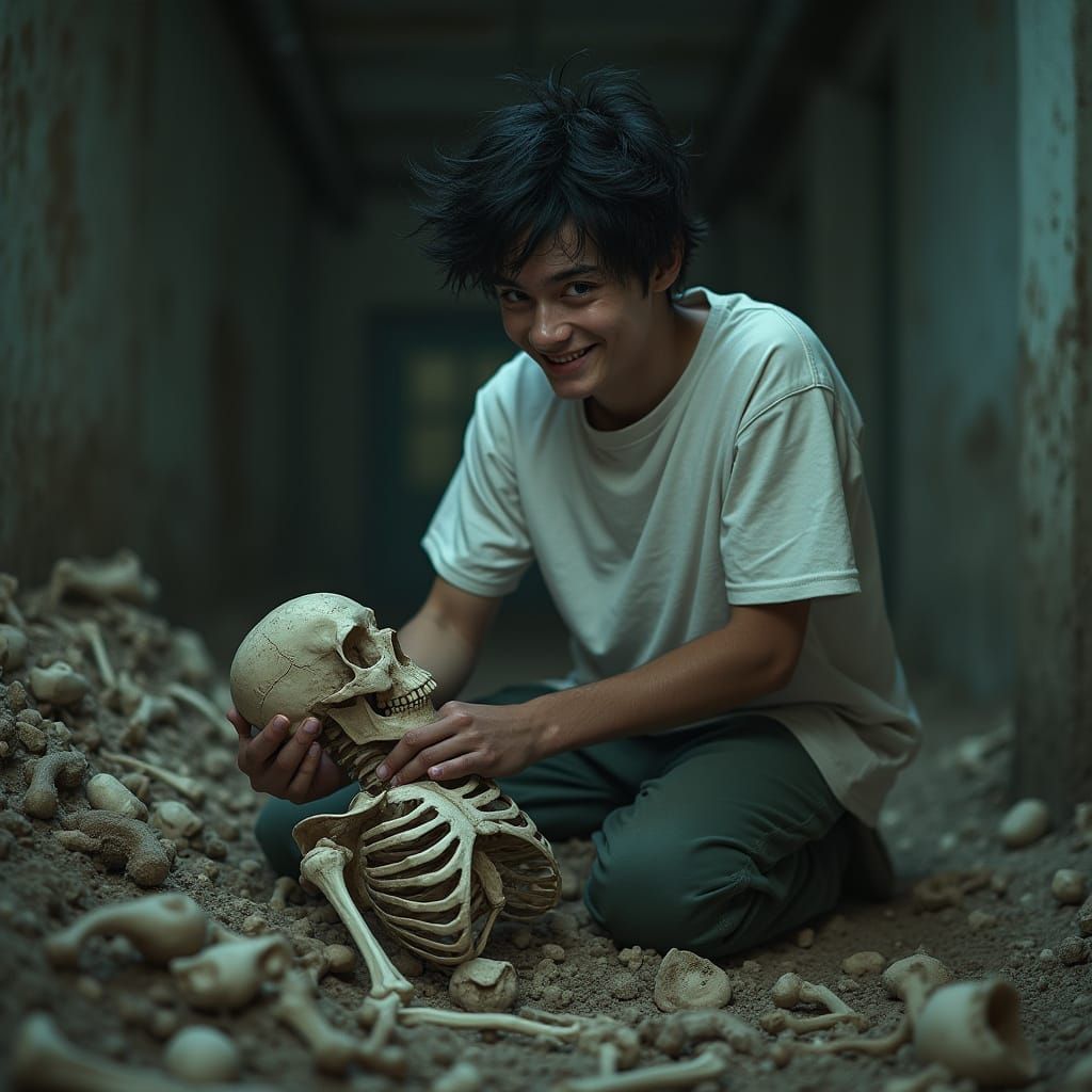 Hyper-Realistic Young Man Assembling Skeletons in Basement
