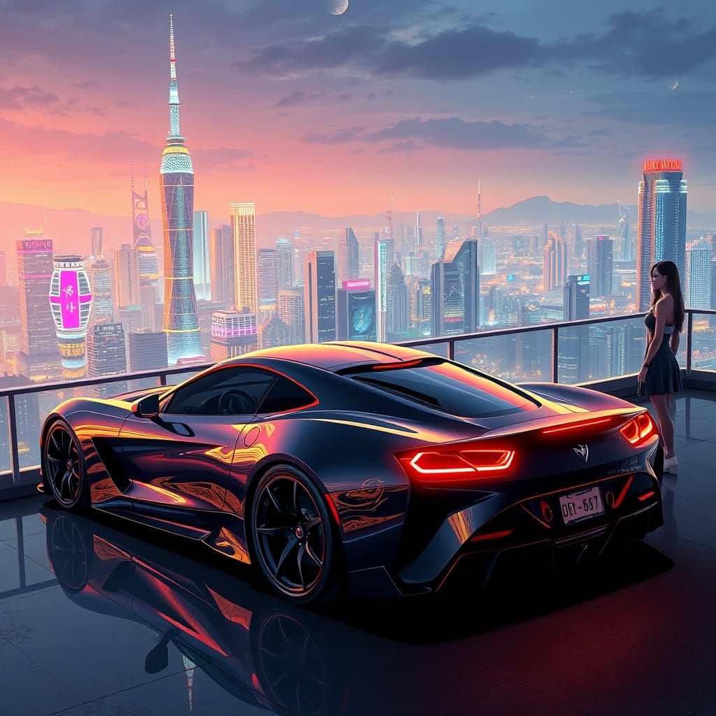 Futuristic Anime Cityscape with Sleek Sports Car