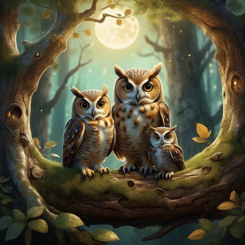 Whimsical Forest Scene: Owl Family in a Tree Hollow