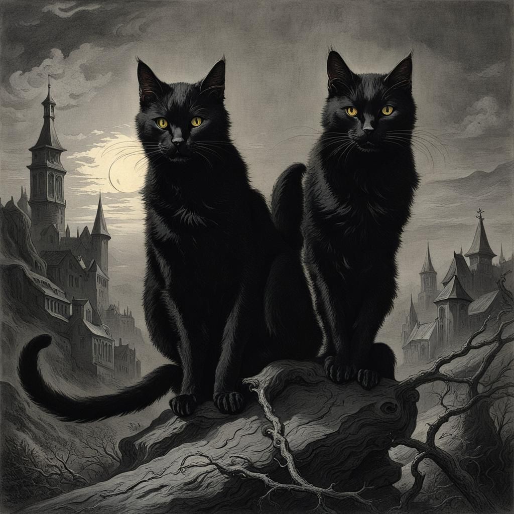 Two-Headed Black Cat in Horror Engraving Style