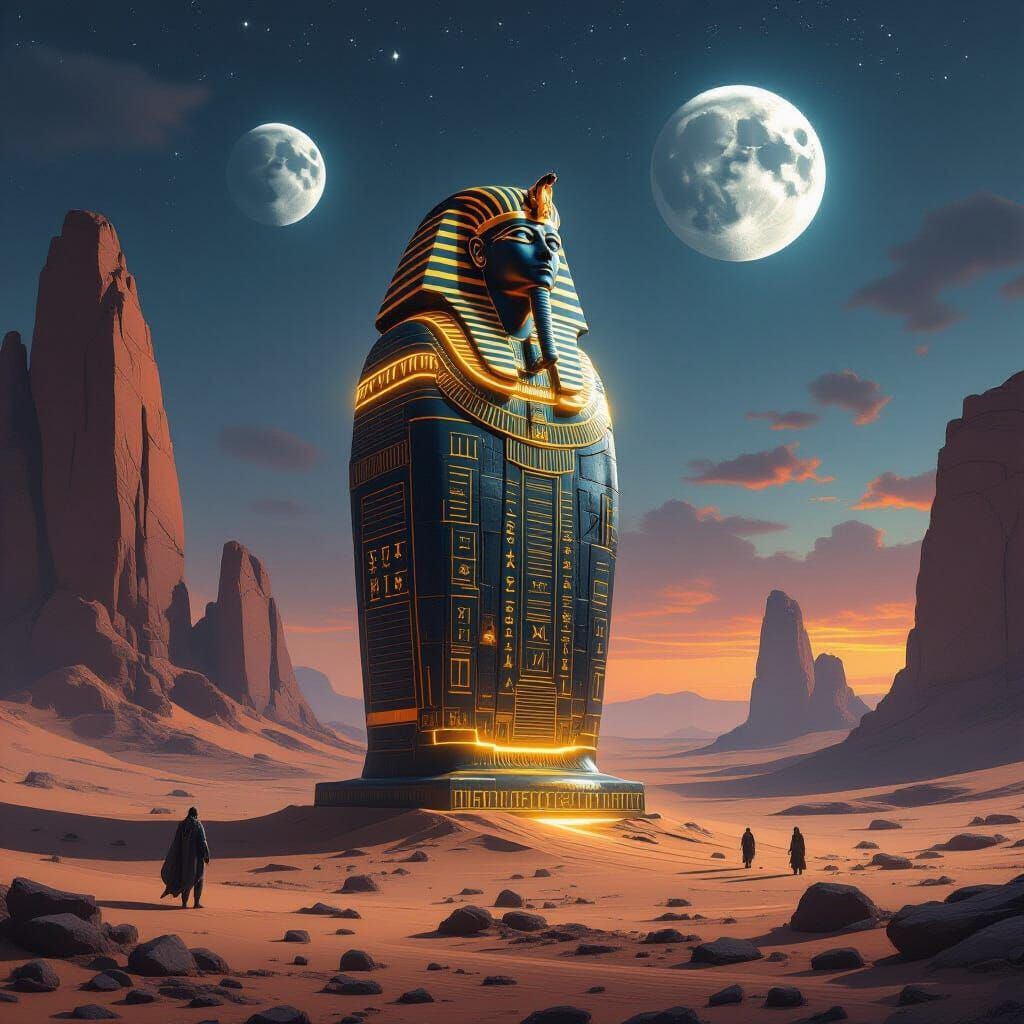 Giant Pharaoh Over Obsidian Sarcophagus in Alien Desert