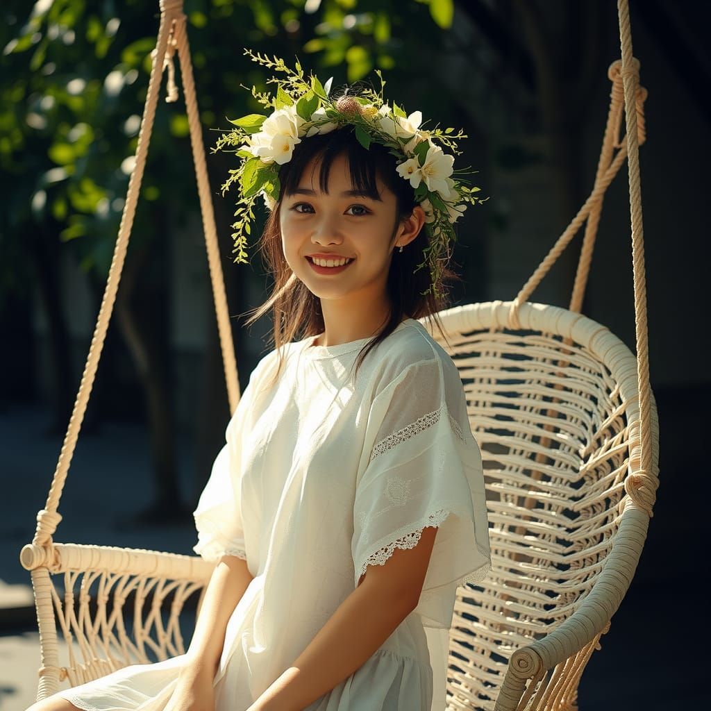 Japanese Idol Girl in White Dress on Swing