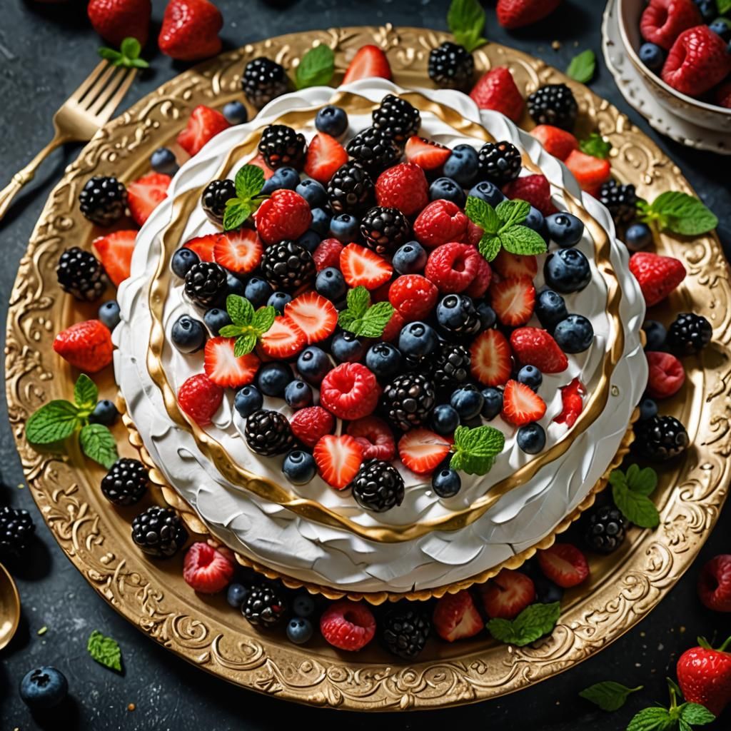 Elegant Pavlova Dessert with Berries, Hyperrealistic Photogr...
