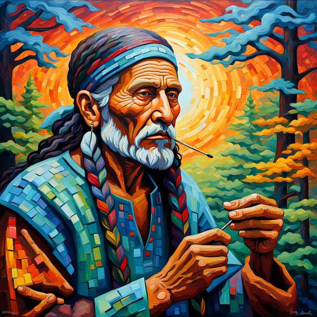 Squanto Observes Quantum Entanglement: Expressionist Oil Pai...