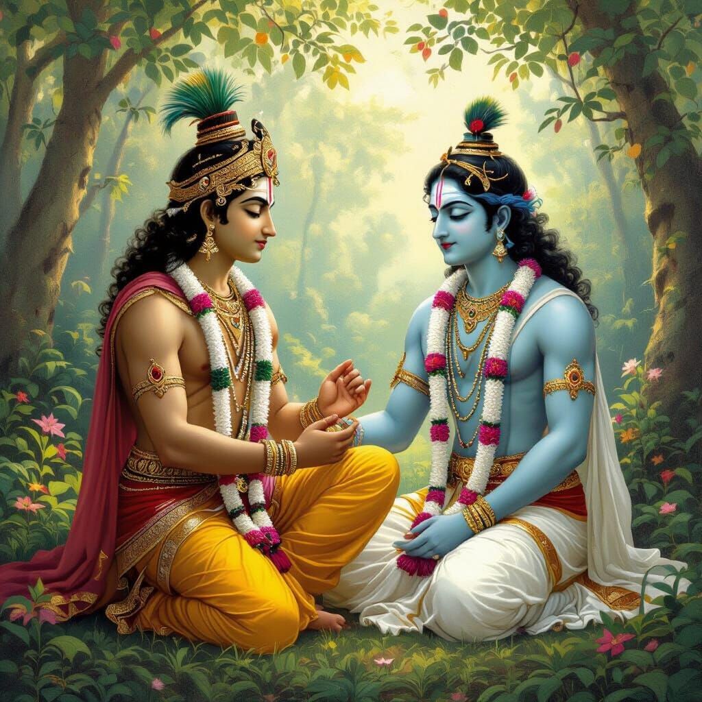 Krishna Narrates Gita to Arjuna in Lush Forest