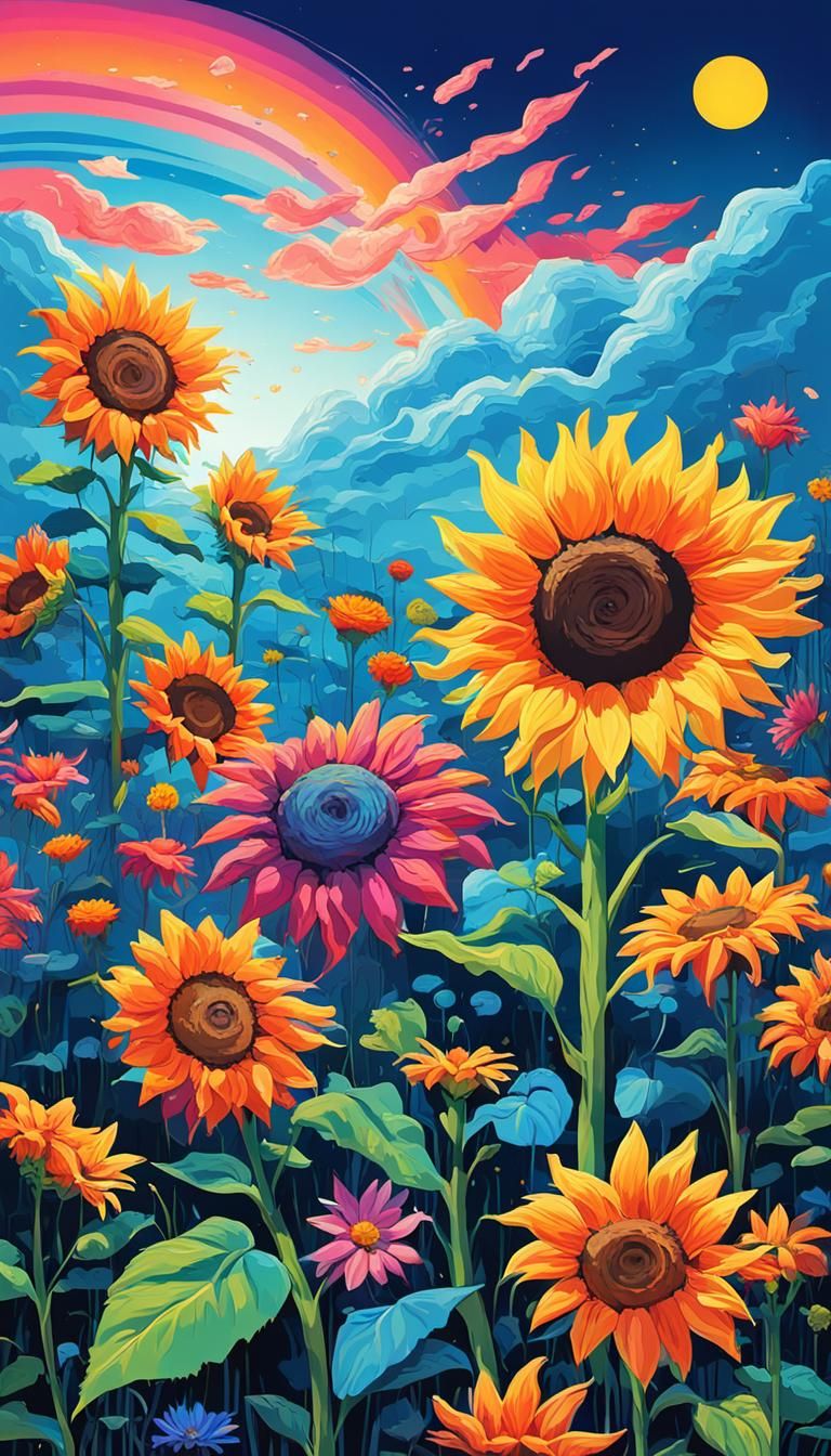 Colorful Garden with Sunflowers and Roses