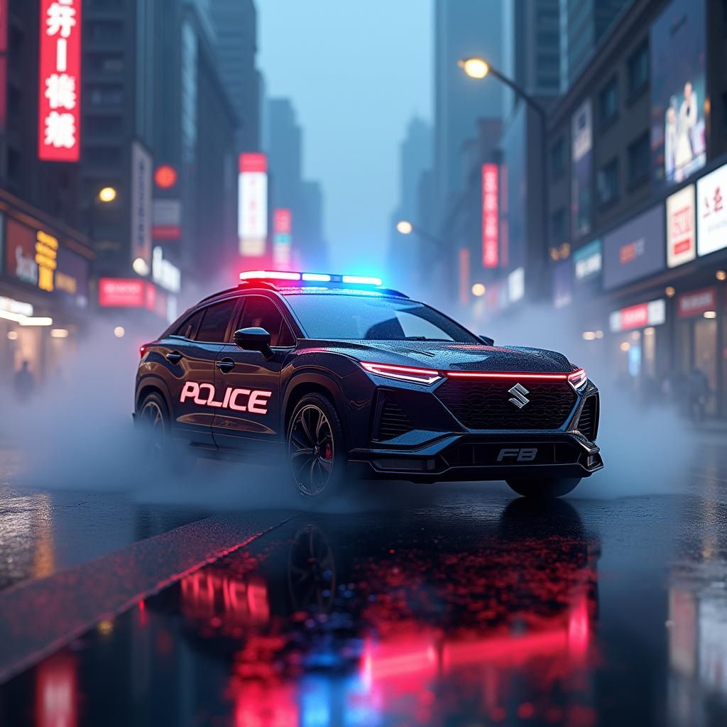 Futuristic Police Car Patrols Dystopian City in 3D