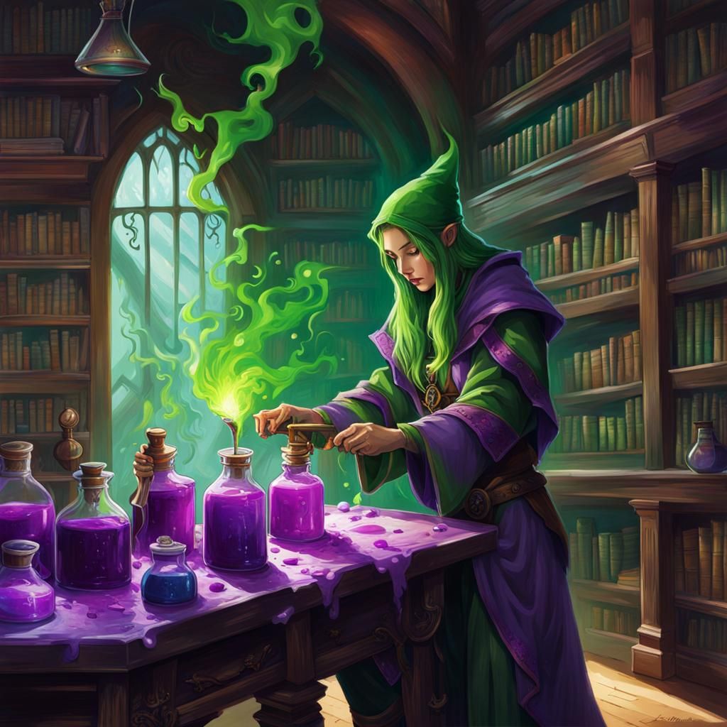 Elven Alchemist Brews Potions: Graffiti Art Style