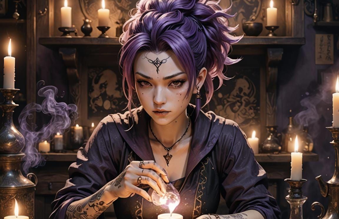 Young Witch Brews Potion in Anime Style