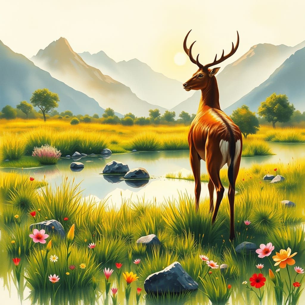 Wet Ink Painting of a Serene Barasingha in a Lush Meadow