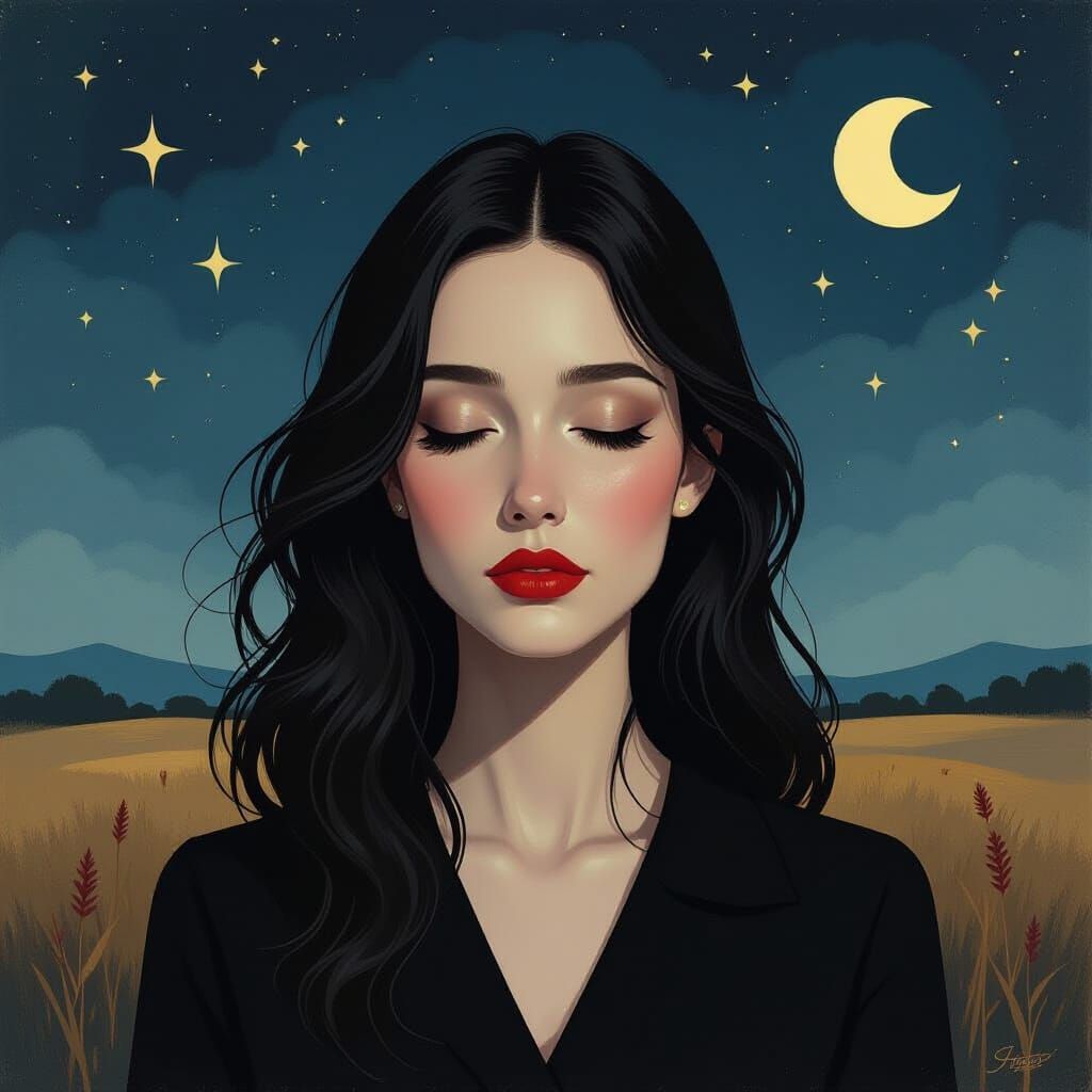 Melancholic Woman in Dark Landscape, Expressive Painting