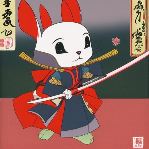 Female Samurai Bunny with Flaming Temple Background