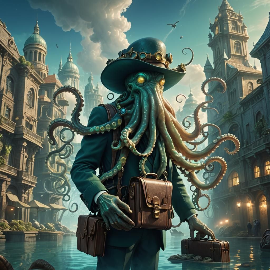 Mystical Octopus in Underwater City, Fantasy Art