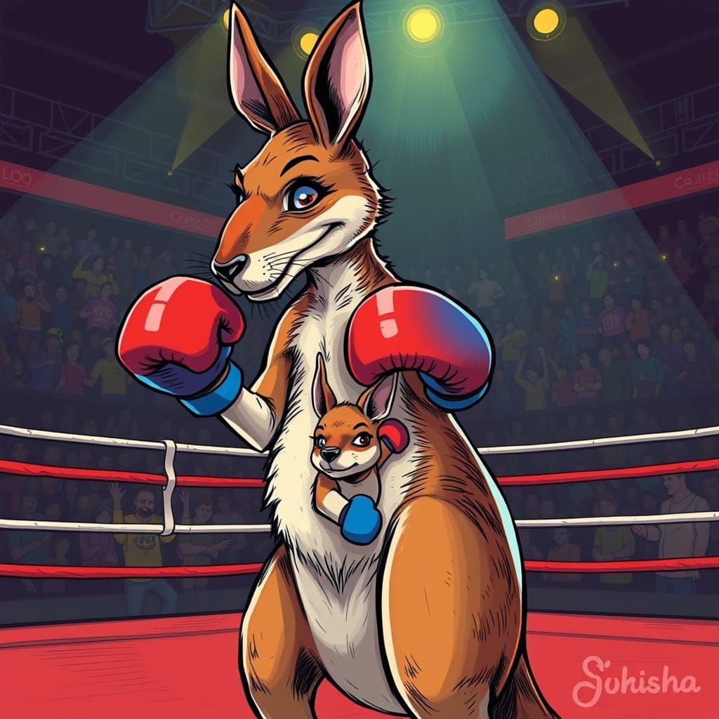 Boxing Kangaroos in Wrestling Ring, Loish Style