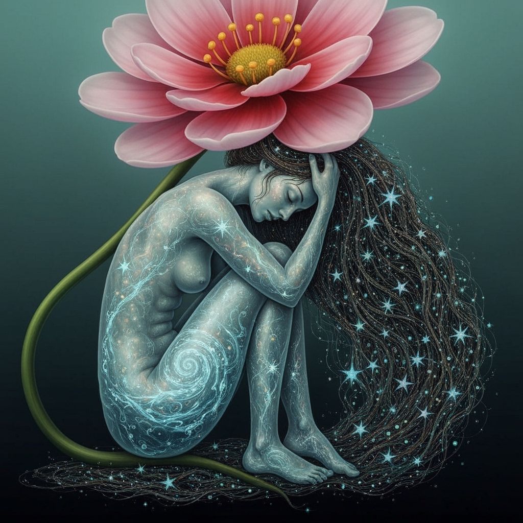 Surreal Woman With Star Hair Under Giant Bioluminescent Flow...