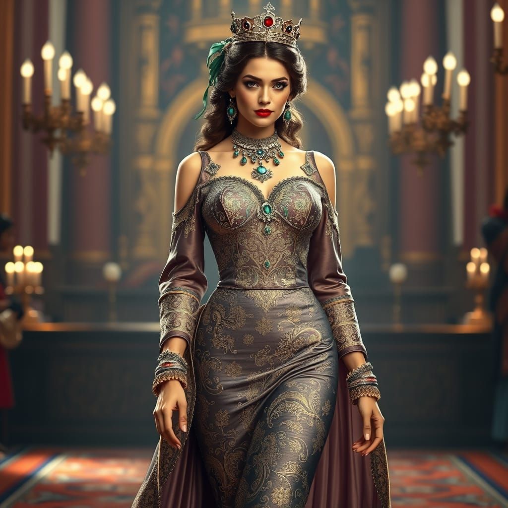 Confident Princess in Regal Attire, Alphonse Mucha Style