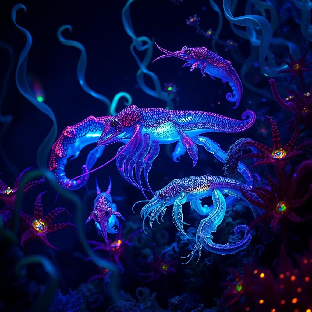 Bioluminescent Deep-Sea Creatures in Photorealistic Style