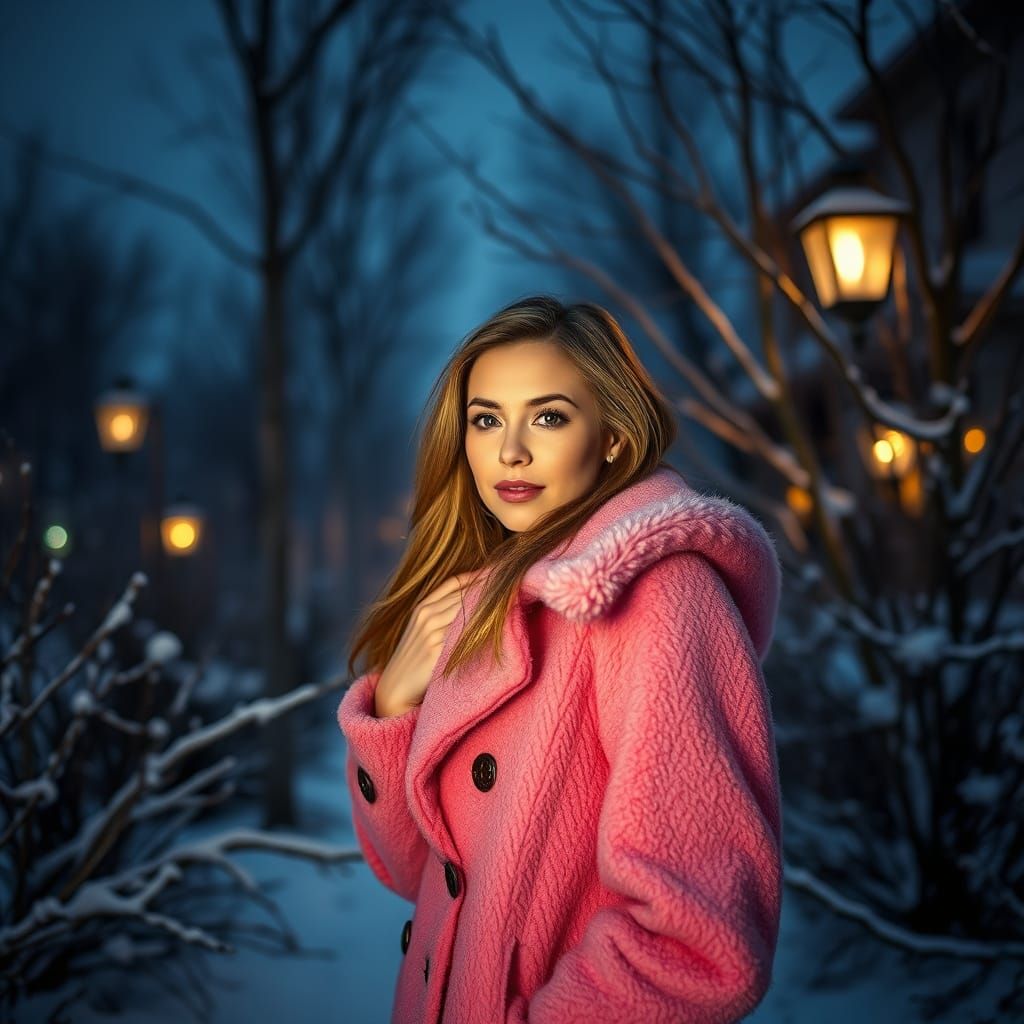 Lauren in Pink Coat, Winter Portrait with Dramatic Lighting