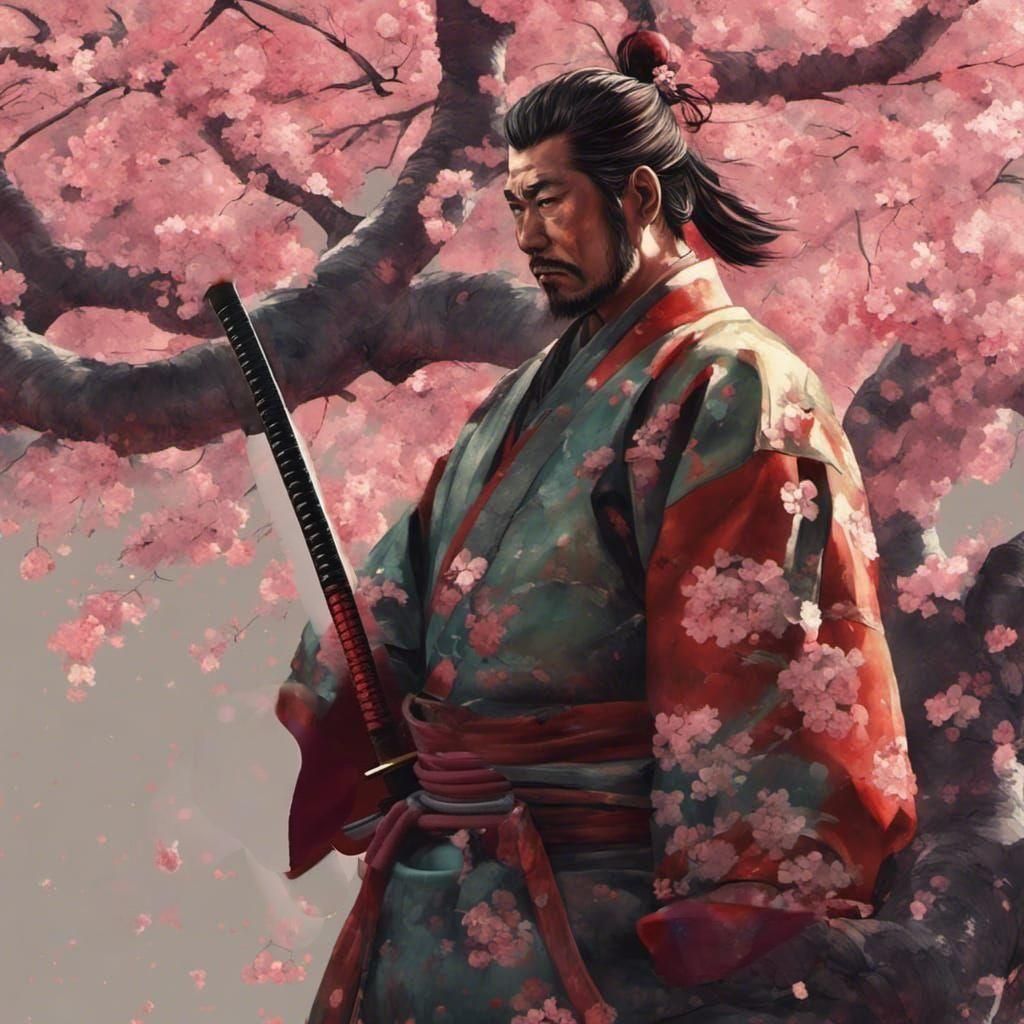 Hyperrealistic Samurai Resting Under Cherry Tree