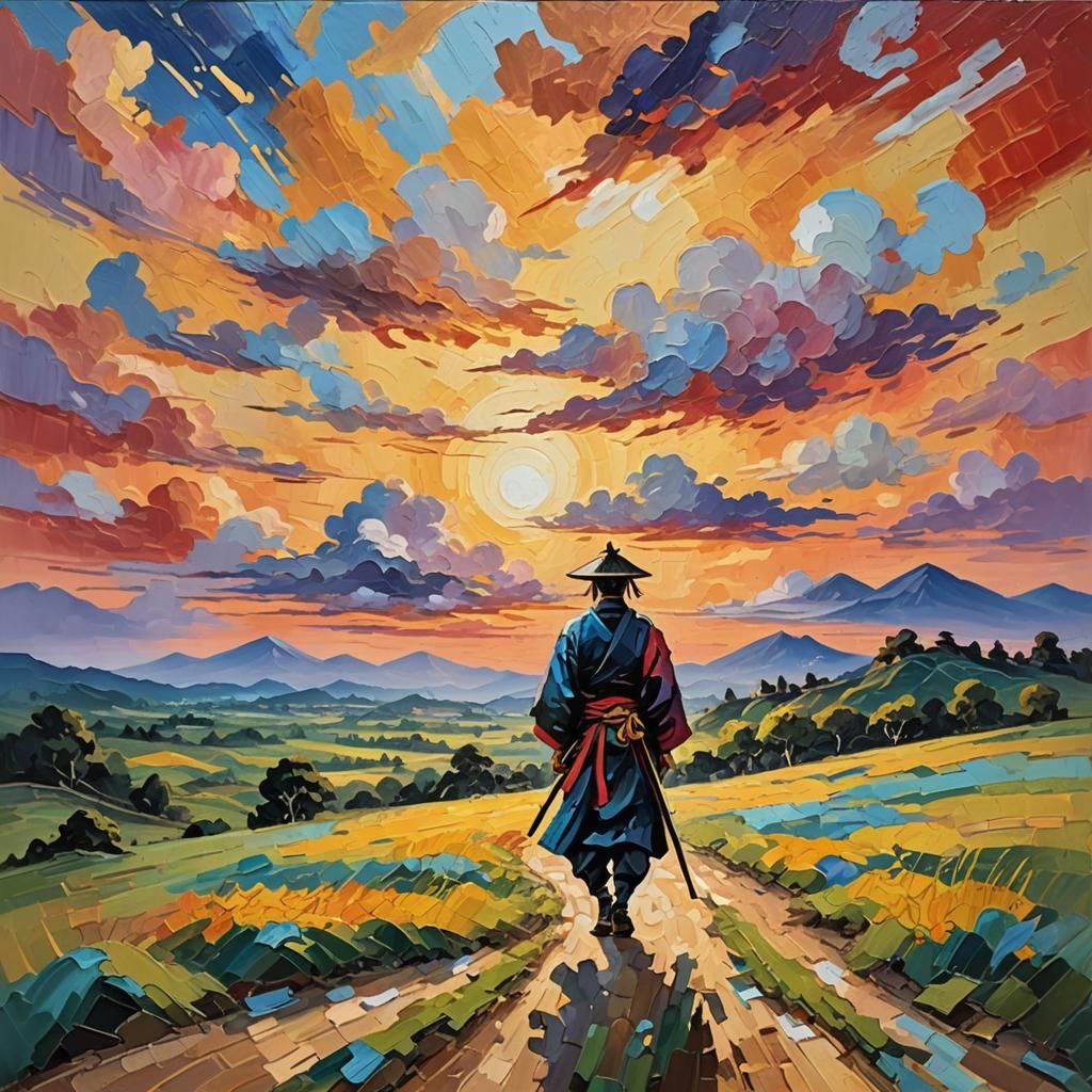 Samurai in Serene Landscape: Neo-Impressionist Oil Painting