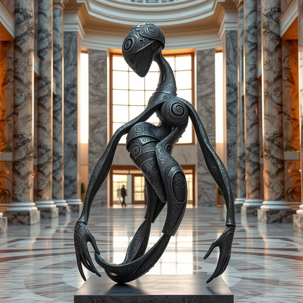 Metal Sculpture of an Abstract Being in a Museum Setting